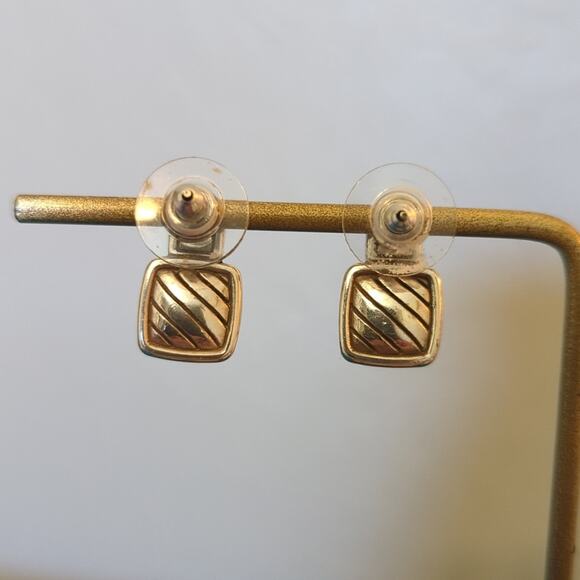 Silver Tone Textured Square W/ Emerald Cut Rhinestone Post Earring - Picture 4 of 4